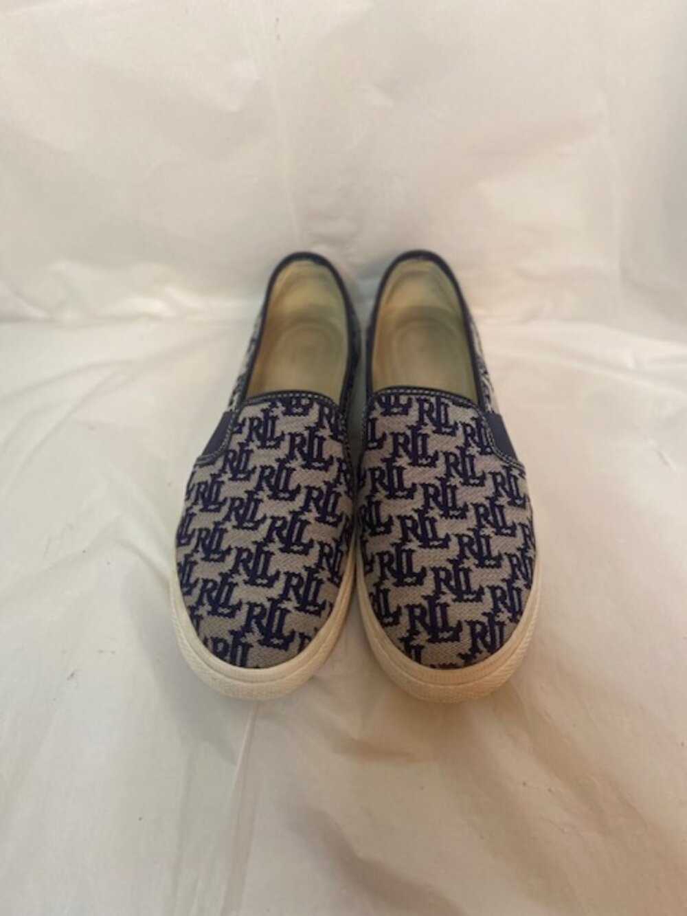 Lauren Ralph Lauren Women's Jinny Navy Monogram Jacquard Slip-On Sneakers Size 7